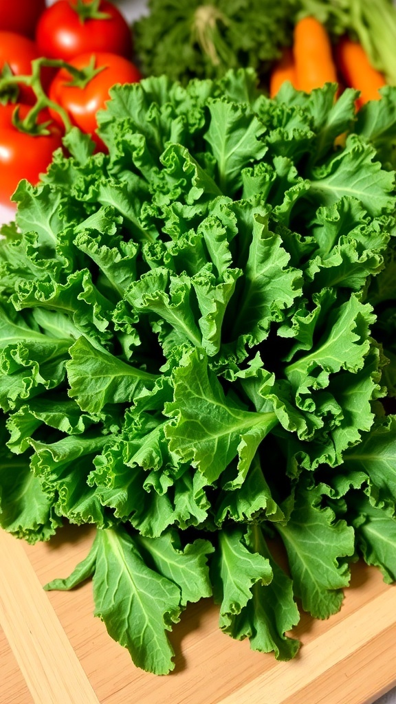 Fresh kale leaves on a wooden cutting board with other vegetables.